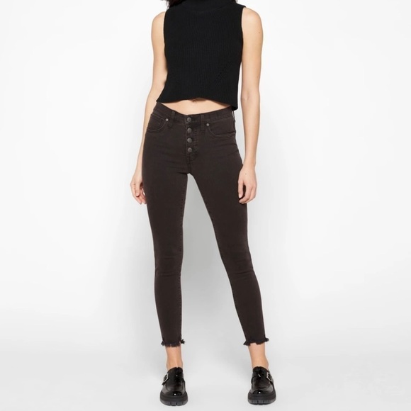 Madewell 9” Mid-Rise Skinny Black Jeans Button‎ Fly Raw Hem, Size 24 - Picture 1 of 15